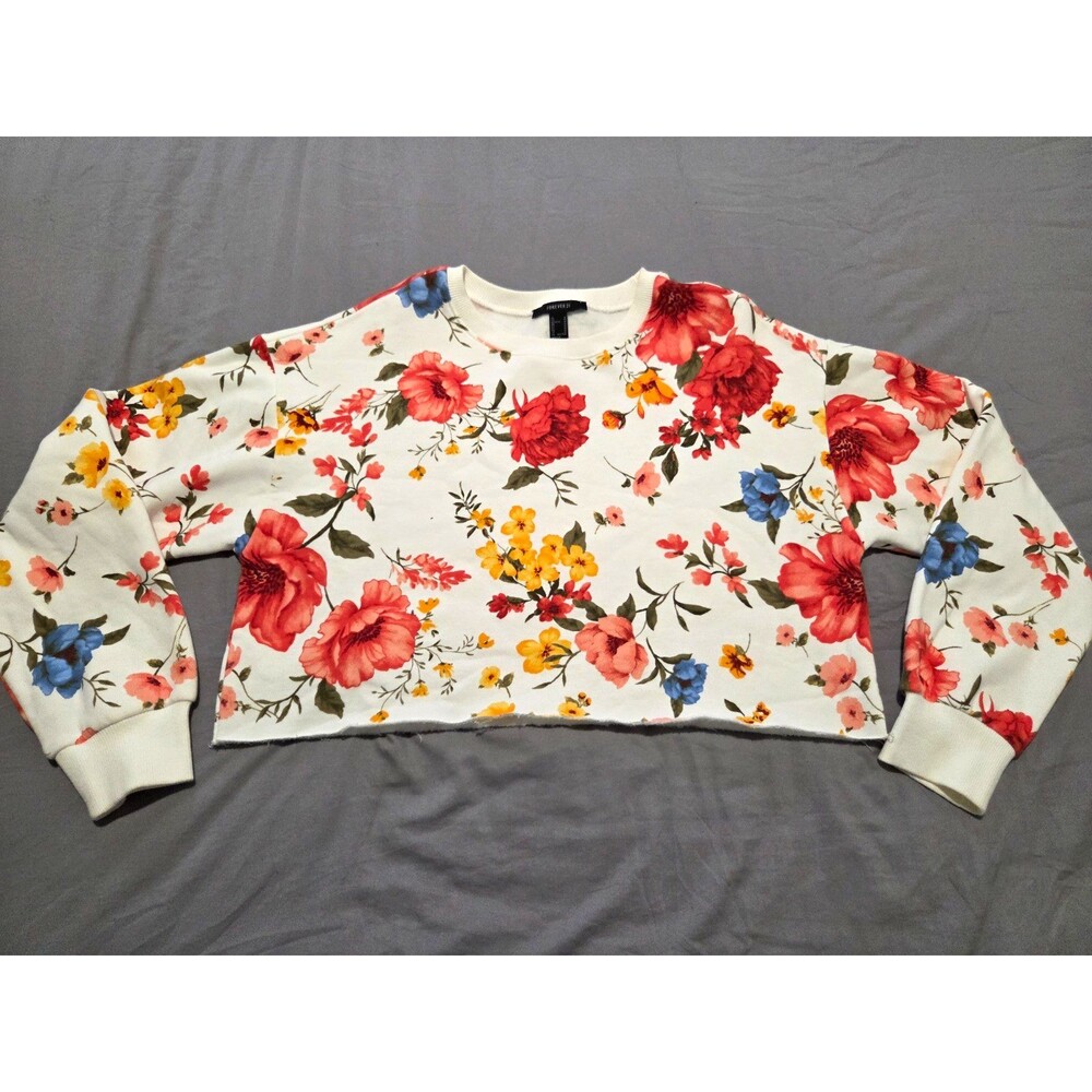 Forever 21 Floral Crop Sweatshirt Womens Medium White Red Yellow Pullover Top